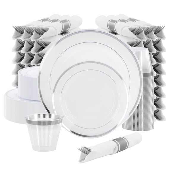 Elama 350 Piece Disposable Plastic Dinnerware Party Set for 50 Guests in White with Silver Trim