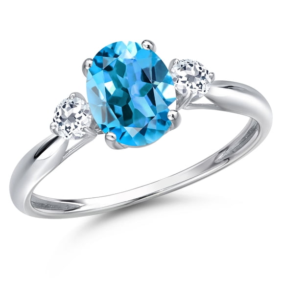 Gem Stone King 10K White Gold Swiss Blue Topaz and White Topaz 3-Stone Ring for Women | 1.78 Cttw | Oval 8X6MM | Gemstone November Birthstone | Size 9
