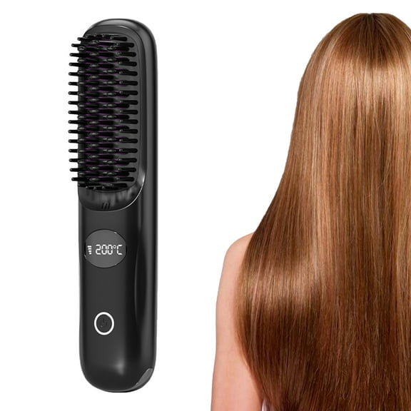 sunsanly Cordless Hair Straightener Brush 3 Temp Adjustable Fast Heating USB Rechargeable LCD Display Portable Hot Brush Electric Curly Hair Styling Detangling Comb