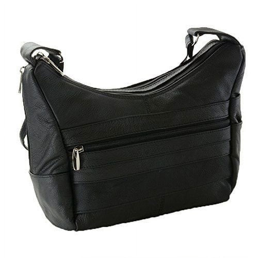 Women's Genuine Leather Purse Adjustable Strap Mid Size Multi Pocket Shoulder Bag (Black)