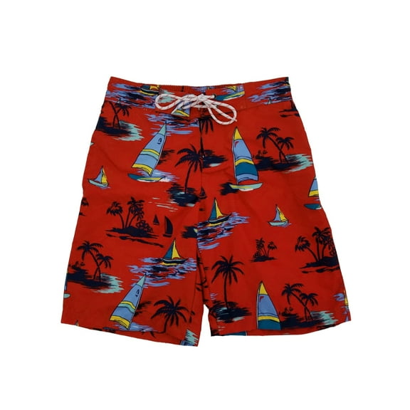 Mens Red Tropical Paradise Sailboat Hawaiian Board Shorts Swim Trunks S