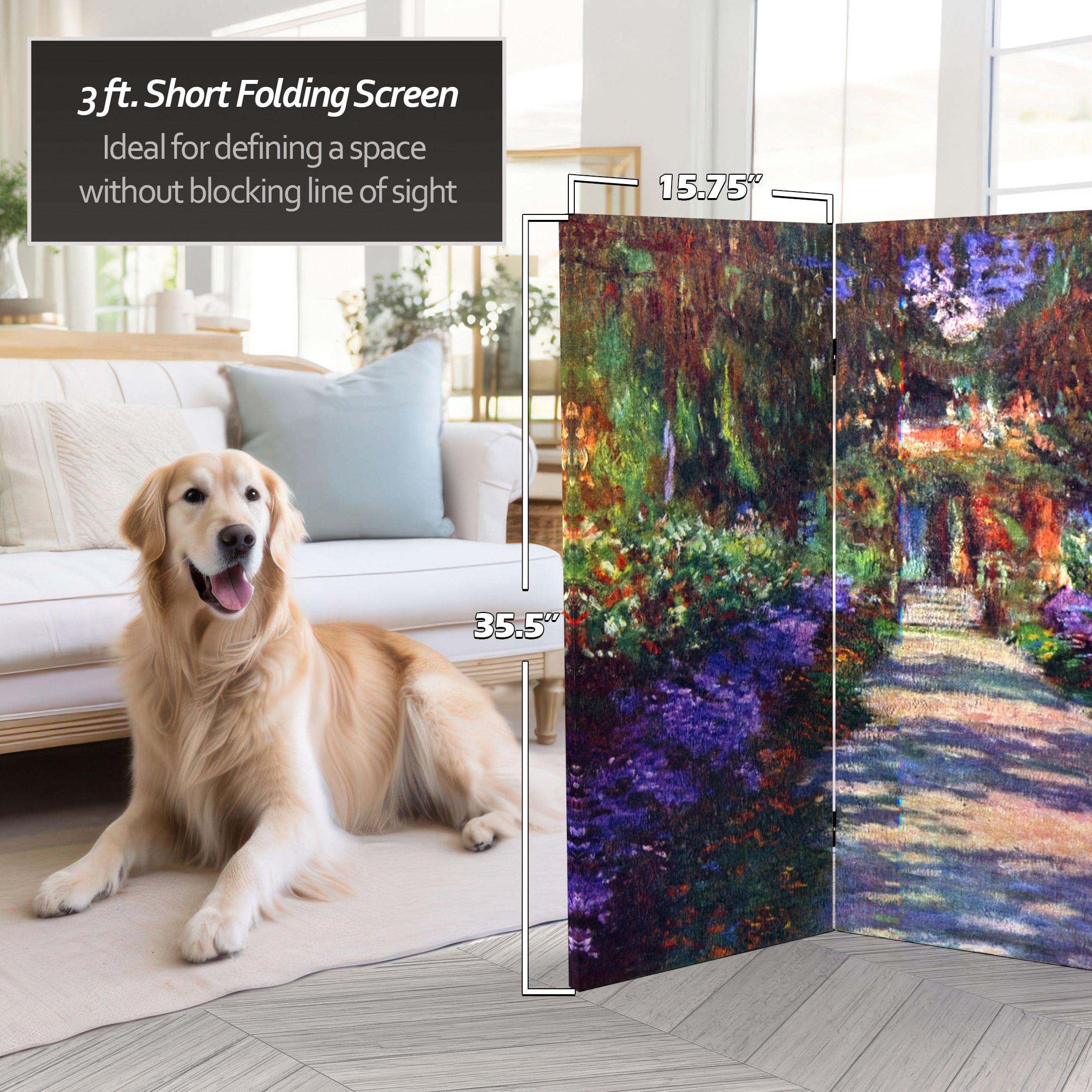 Red Lantern 3 ft. Short Monet Canvas Folding Screen - Lilies/Garden at Giverny