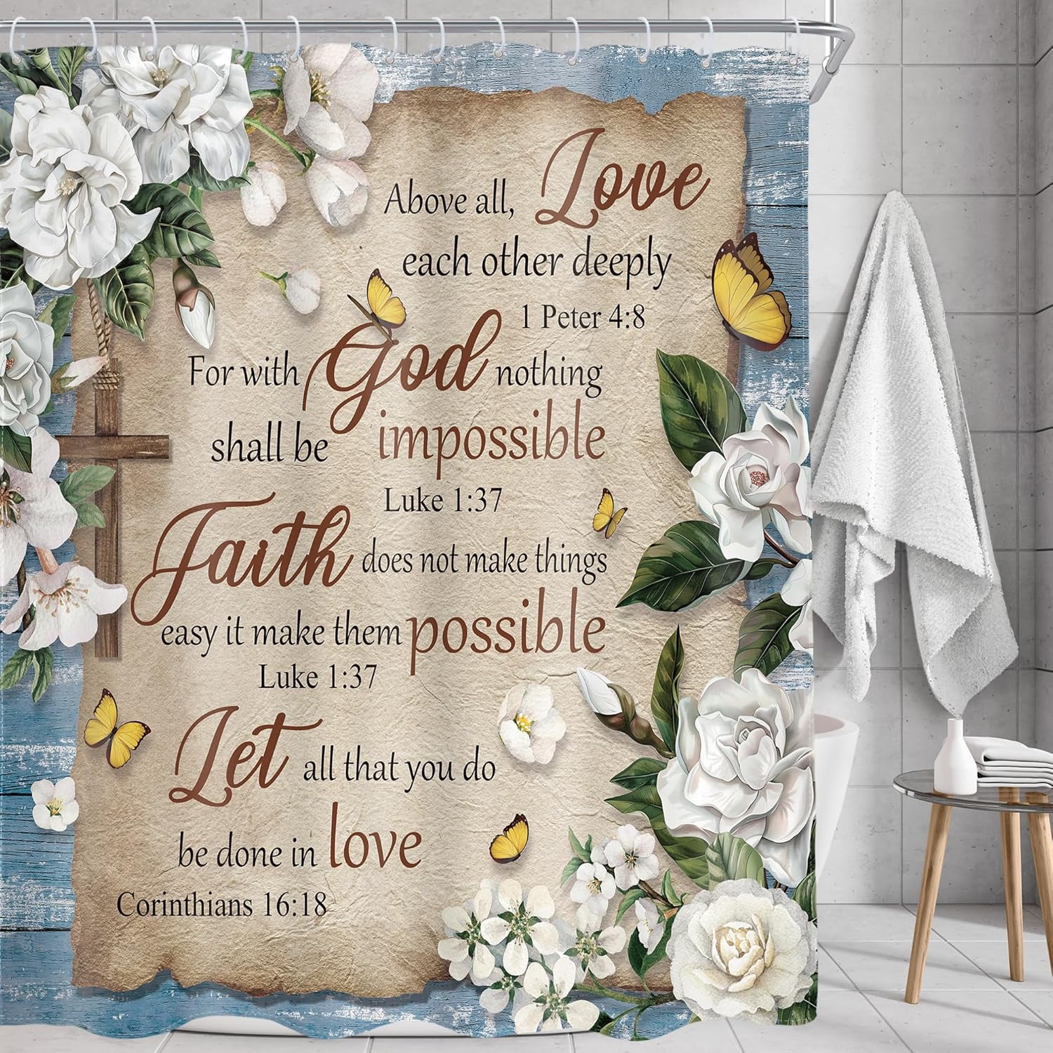 Bible Verse Floral Shower Curtain Christian Scriptures White Flower Inspirational Quote Rustic Plant Artwork Cloth Fabric Waterproof Polyester Bathroom Decor Set with Hooks-72"W x 78"L (Pack of 1)