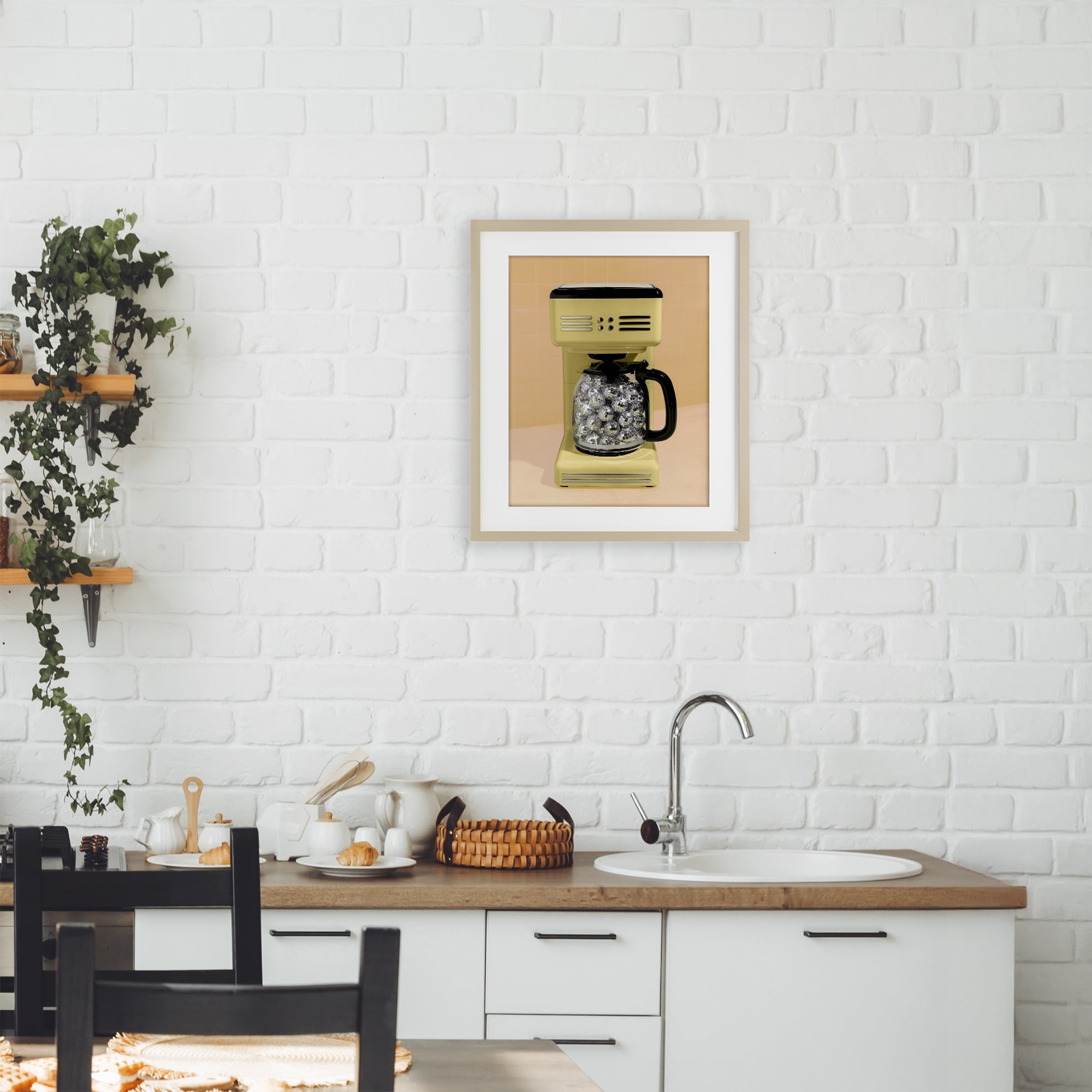 Stupell Industries Disco Coffee Maker over Yellow Birch Framed Print Under Glass, design by LISH Creative