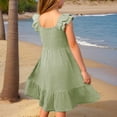thumbnail image 6 of Inglocry Girls Summer Dresses Cute Double Layer Ruffle Sleeve Solid Color Smocked Flowy Dress 6-15 Years Green 5-6Y, 6 of 6