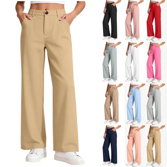 Bloomae Girls Dress Suit Pants Loose Wide Straight Leg School Uniform Pants Button High Waisted Stretch Preppy Formal Trousers with Pockets