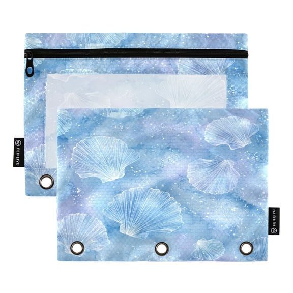 2 Pack 3 Ring Binder Pouch with Clear PVC Window Water Resistant Zipper Pencil Pouch Blue Sea Shell Pattern Binder Pocket for Classroom Office Home Stationery Organization