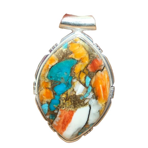 Large Orange Spiny Oyster Turquoise Gemstone 925 Sterling Silver Handmade Statement Pendant for Men and Women Gift Jewelry