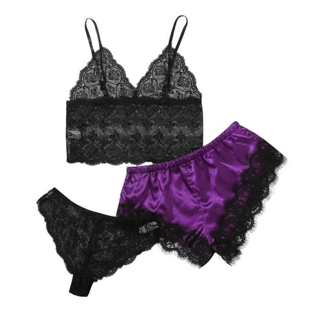 

Women s 3 Piece Lingerie Set Lace Cami Crop Top and Shorts Pajama Set