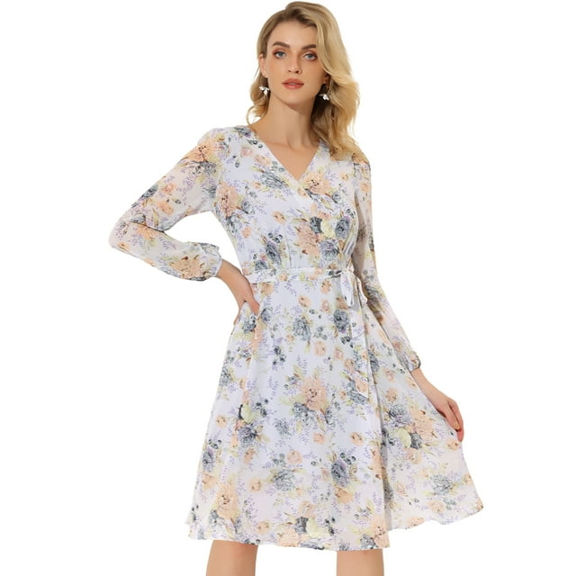 Unique Bargains Femmes Boho Floral V Cou Évêque Manches Wrap Robe Violet Clair L