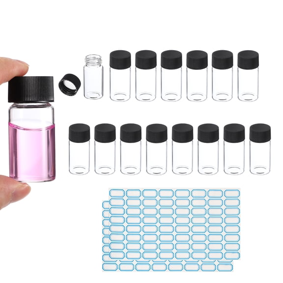 20ml Clear Glass Vials, 15 Pack Sample Vials with Screw Cap Reagent Media Bottle with Labels Leak-Proof Liquid Sample Glass Vial for Lab Laboratory