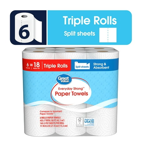 Great Value Everyday Strong Paper Towels, Split Sheets, 6 Triple Rolls