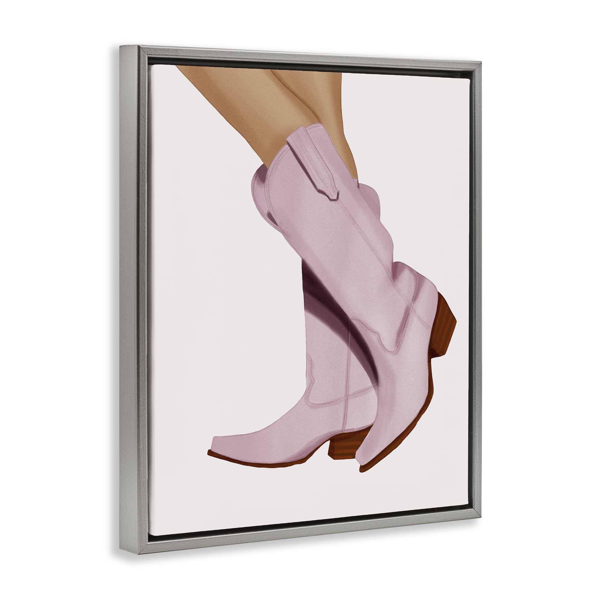 Stupell Industries Pastel Pink Cowgirl Boots Fashion Painting Gray Floater Framed Canvas Art Print Wall Art, 17 x 21