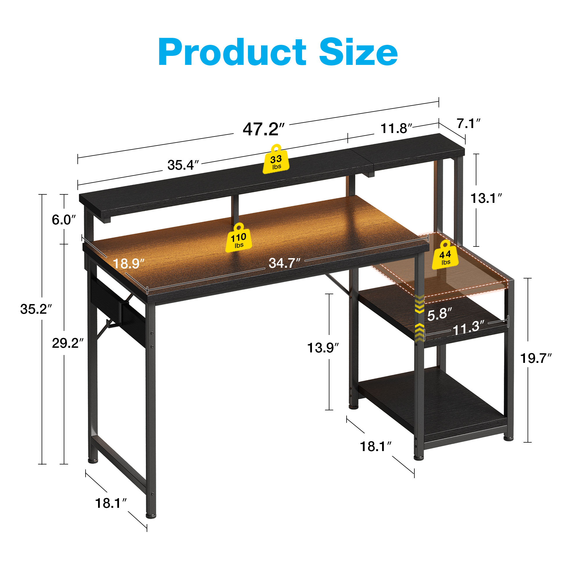 Casacomoda 48" Computer Desk with Monitor Stand and LED Lights, Black photo 2