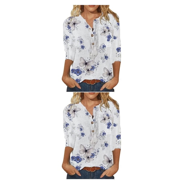 Blusa informal de manga corta para mujer sweethay con botones estampados