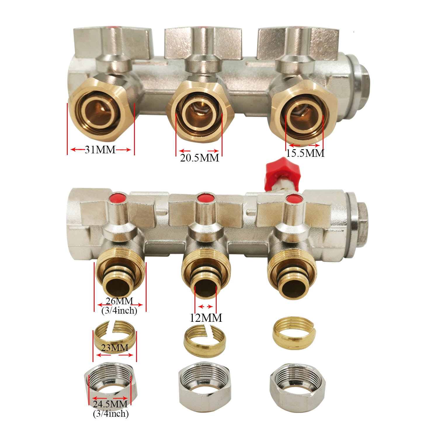 2 pcs brass Radiant Floor Heating Manifold 2 Port6 Port ufh underfloor radiator for 1/2 pex
