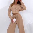 thumbnail image 5 of Usmixi 3 Piece Sets for Women Knitted Lounge Sets for Women Winter Casual Solid Comfy Knit Ribbed Cropped Top and Drawstring Wide Leg Pant Matching Sets Sweater Outfit Sets Holiday, 5 of 7