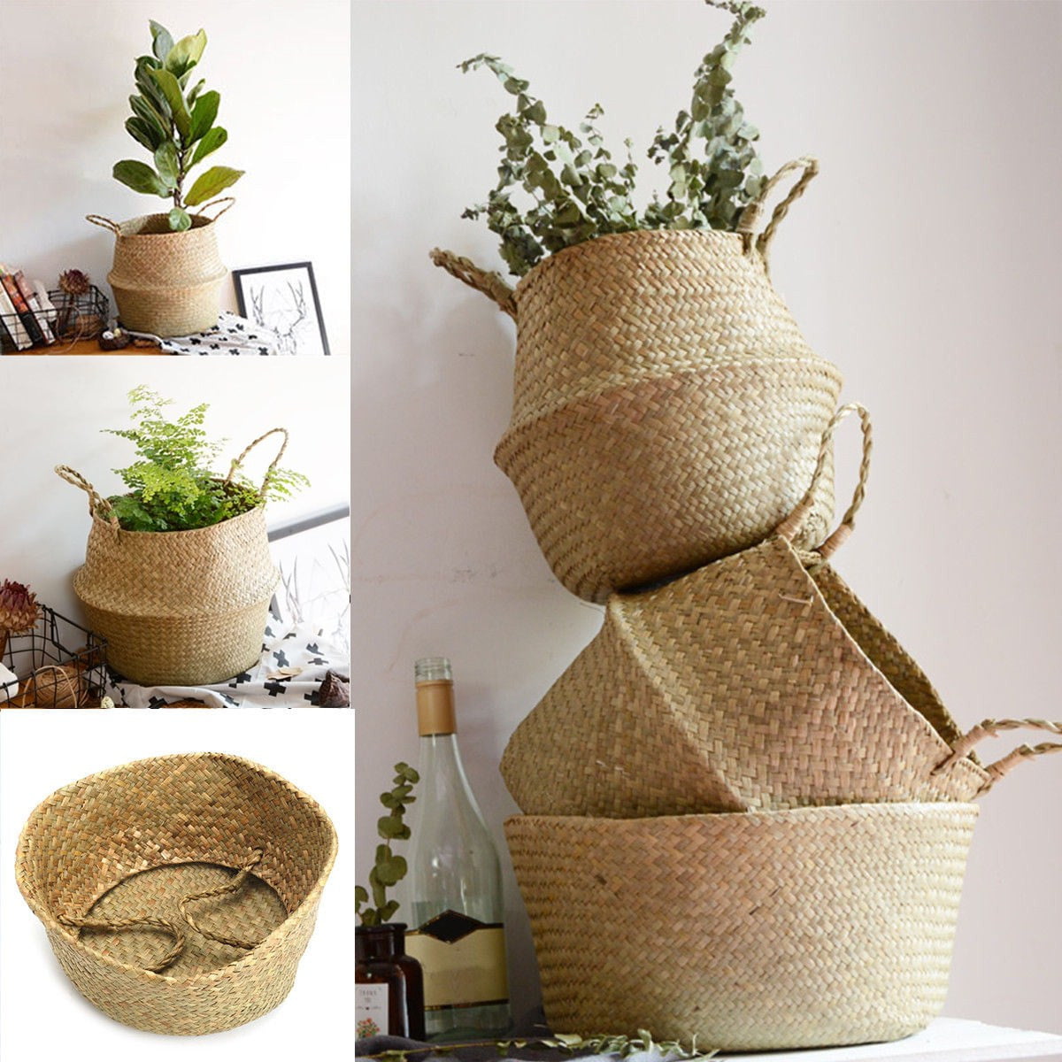 BEKKAU Belly Basket Grocery hand woven in Bali Picnic Plant Pot Basket Made with seagrass Laundry Beach Bag Storage