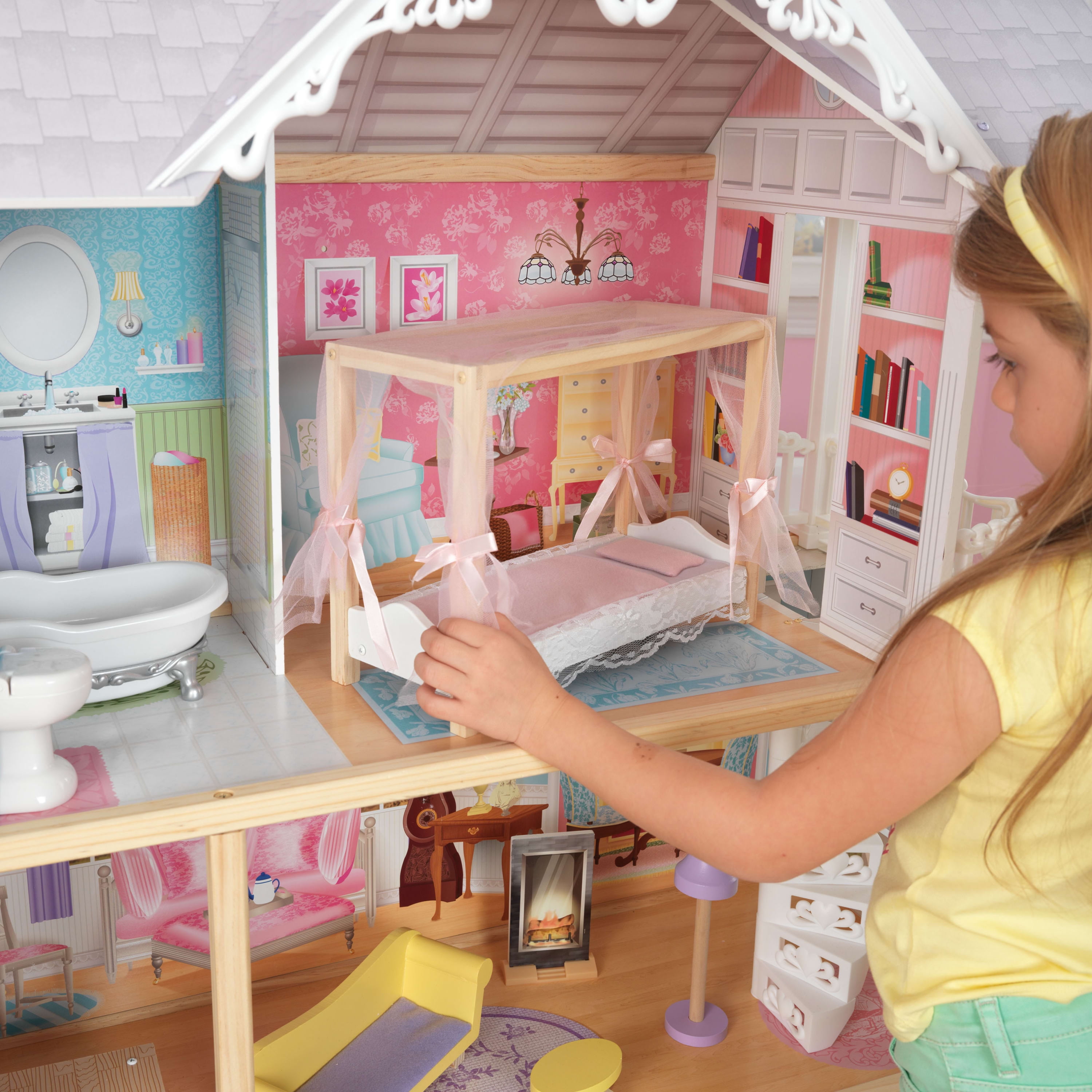KidKraft Kaylee Wooden Dollhouse, Almost Tall Elevator, Accessories Feet and 4 Stairs with 10