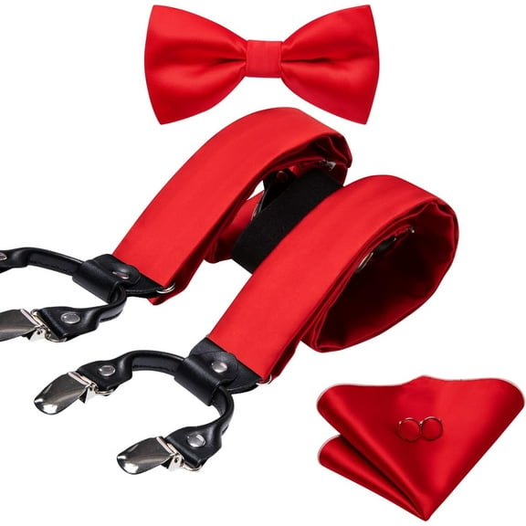 Men Suspender Solid Paisley Adjustable Silk Braces Pre-Tied Bowtie Handkerchief Cufflink 6 Clips Wedding Party