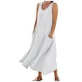 thumbnail image 2 of Robe de Vacances Décontractée Décontractée en Coton Sans Manches en Lin Robe Longue Été Plage avec Poches Femmes U Robes de Réservoir de Cou, 2 of 7