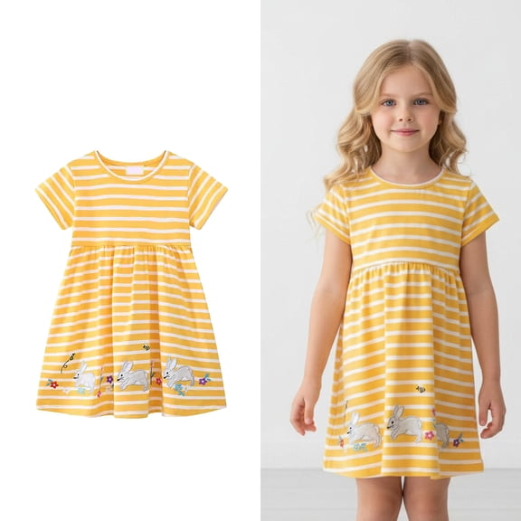 Toddler Easter Dress for Girls Short Sleeve Cute Embroidered Dress Striped Tshirts Dress Summer Dresses Girls Little Girl Dresses Size 12-24 Month
