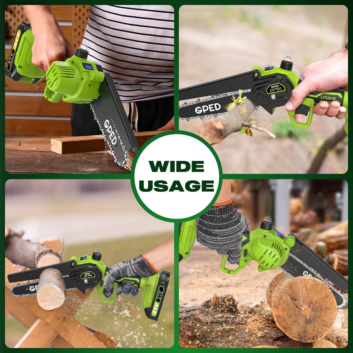 GPED Mini Chainsaw Cordless 6 inch with 2 Battery, Mini Power Chain Saw with Security Lock, Electric Chainsaw, Handheld Small Chainsaw for Tree Trimming Wood Cutting, Green