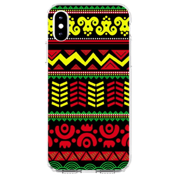DistinctInk Clear Shockproof Hybrid Case for iPhone XS Max (6.5" Screen) - TPU Bumper, Acrylic Back, Tempered Glass Screen Protector - Black Yellow Red Aztec Tribal