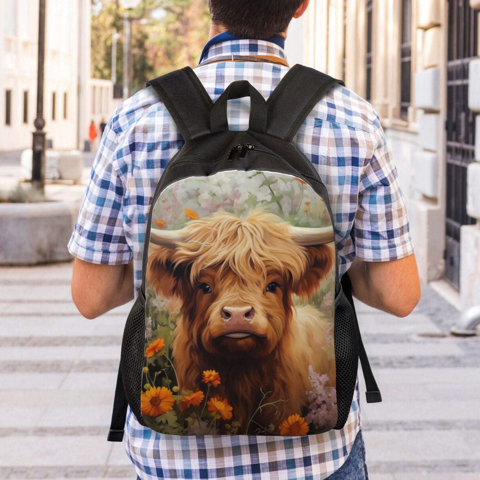 Horeoi Cute Floral Cow Print Waterproof 600D Oxford Laptop Backpack for School Travel Work - Lightweight Durable Bag with Adjustable Straps