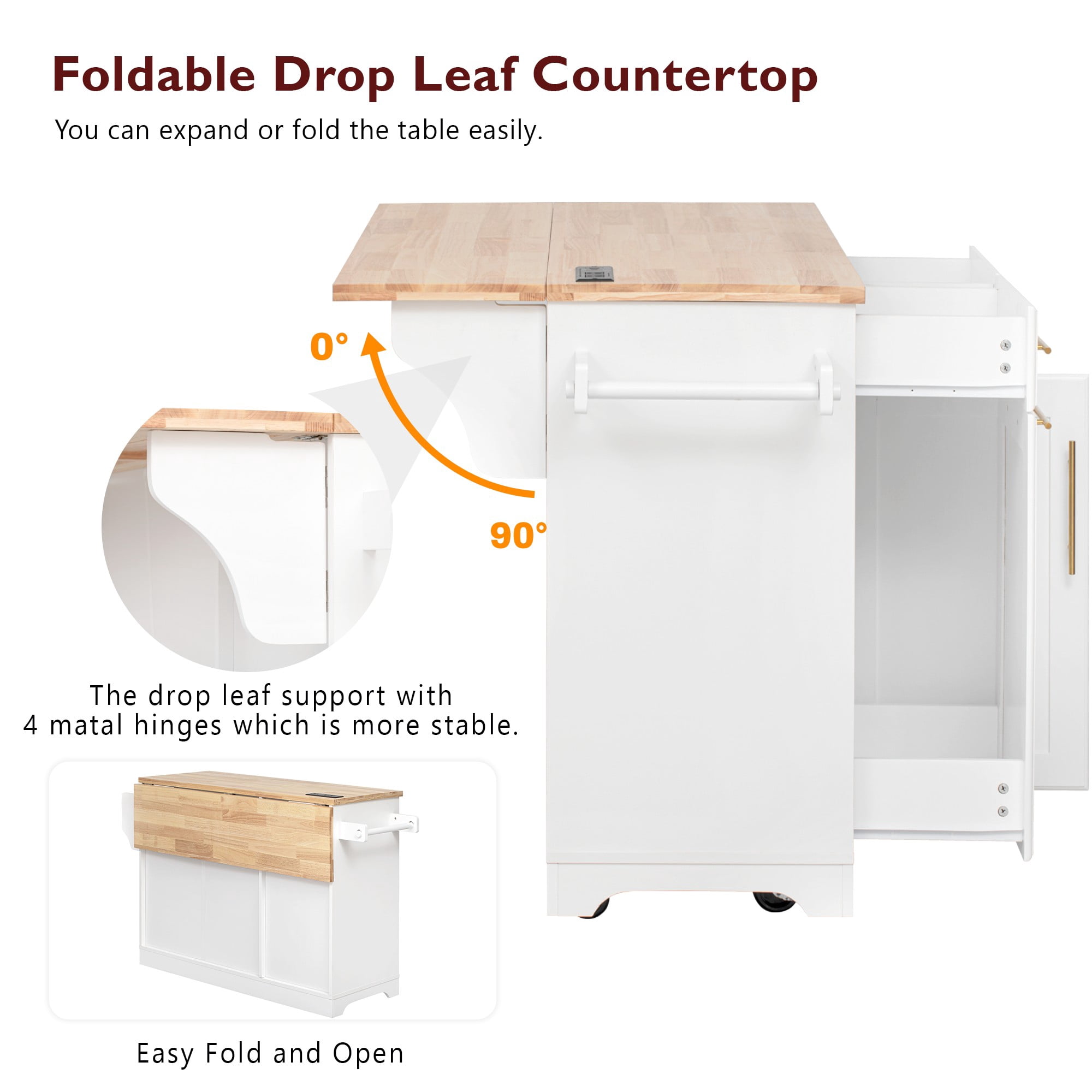 Aukfa 59" Kitchen Island with Power Outlet & Trash Cabinet, Rolling Kitchen Cart, Pull Out Organizers & Drop Leaf,White