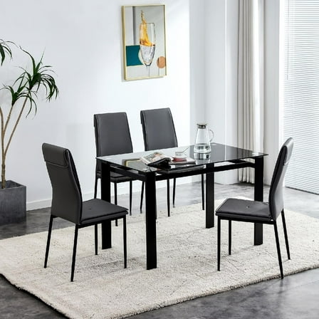 BISHE 5 Piece Dining Set with Tempered Glass Table and 4 Faux Leather Chairs Modern Kitchen Table Set for Dining Room Small Space, Black
