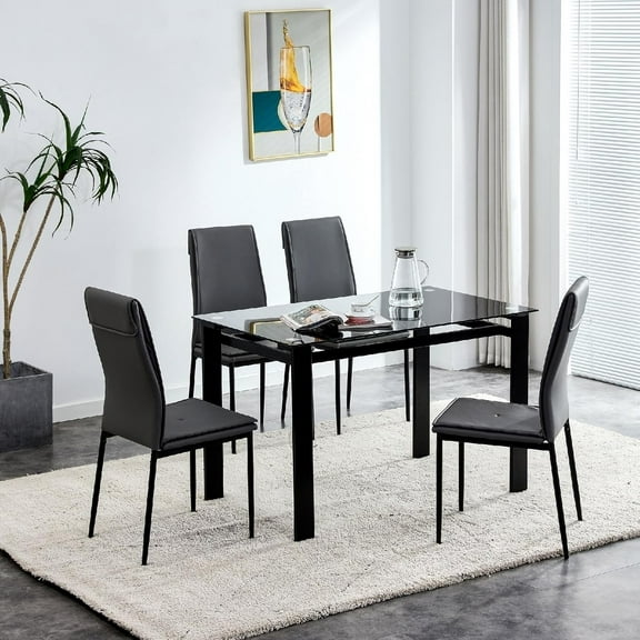 BISHE 5 Piece Dining Set with Tempered Glass Table and 4 Faux Leather Chairs Modern Kitchen Table Set for Dining Room Small Space, Black