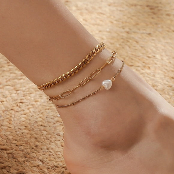 TIMIFIS Ankle Bracelets for Women Gold Three-layer Chain Love Pearl Foot Chain,Minority Design Sense Anklet Ankle Bracelet Foot Chain Accessories Foot Jewelry for Women and Girls -