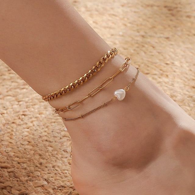 Up to 65% Off Gold Three-layer Chain Love Pearl Foot Chain,Minority Design Sense Necklace Rings Earring Jewelry on Clearance