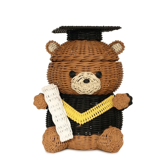 Graduation Bear Rattan Storage Basket with Lid Decorative Home Decor Hand Woven Shelf Organizer Cute Handmade Handcrafted Gift