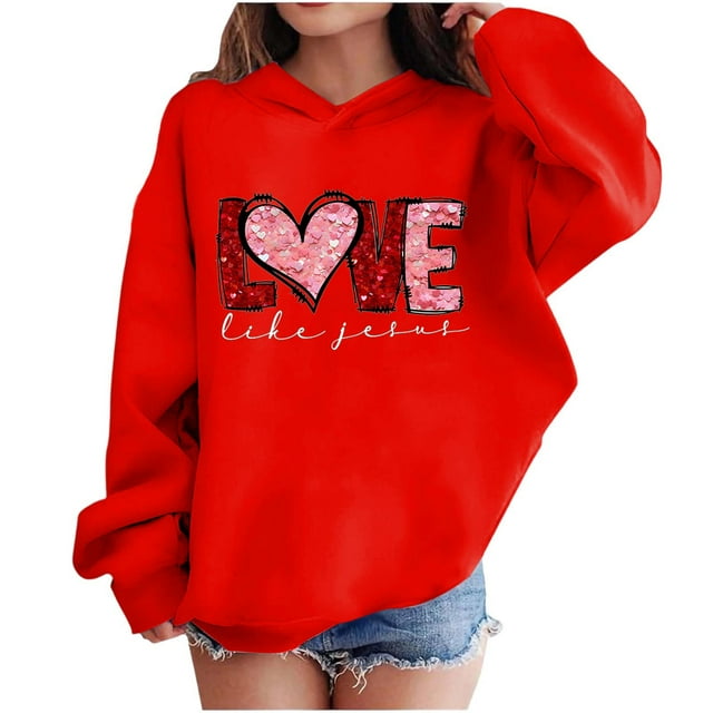 Sudadera con capucha y estampado de corazón de San Valentín, sudadera de manga larga para niños y niñas, chaqueta para niñas de talla mediana y grande.