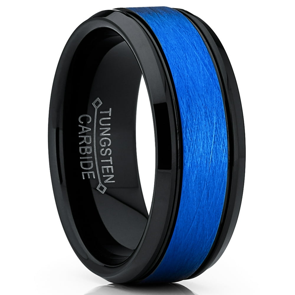 RingWright Co. - Men's Duo Black and Blue Tungsten Carbide Textured ...