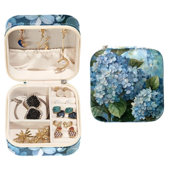 PhooArto Small Jewellery Box, Vintage Blue Hydrangeas Flowers Portable Travel Mini Jewelry Case for Women Leather Ring Organizer