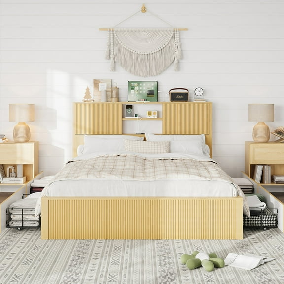 Lumiinofami Queen Size Bed Frame with Storage Drawers, Platform Bed with Charging Station and Storage Headboard, No Box Spring Needed, Noise-Free, Oak