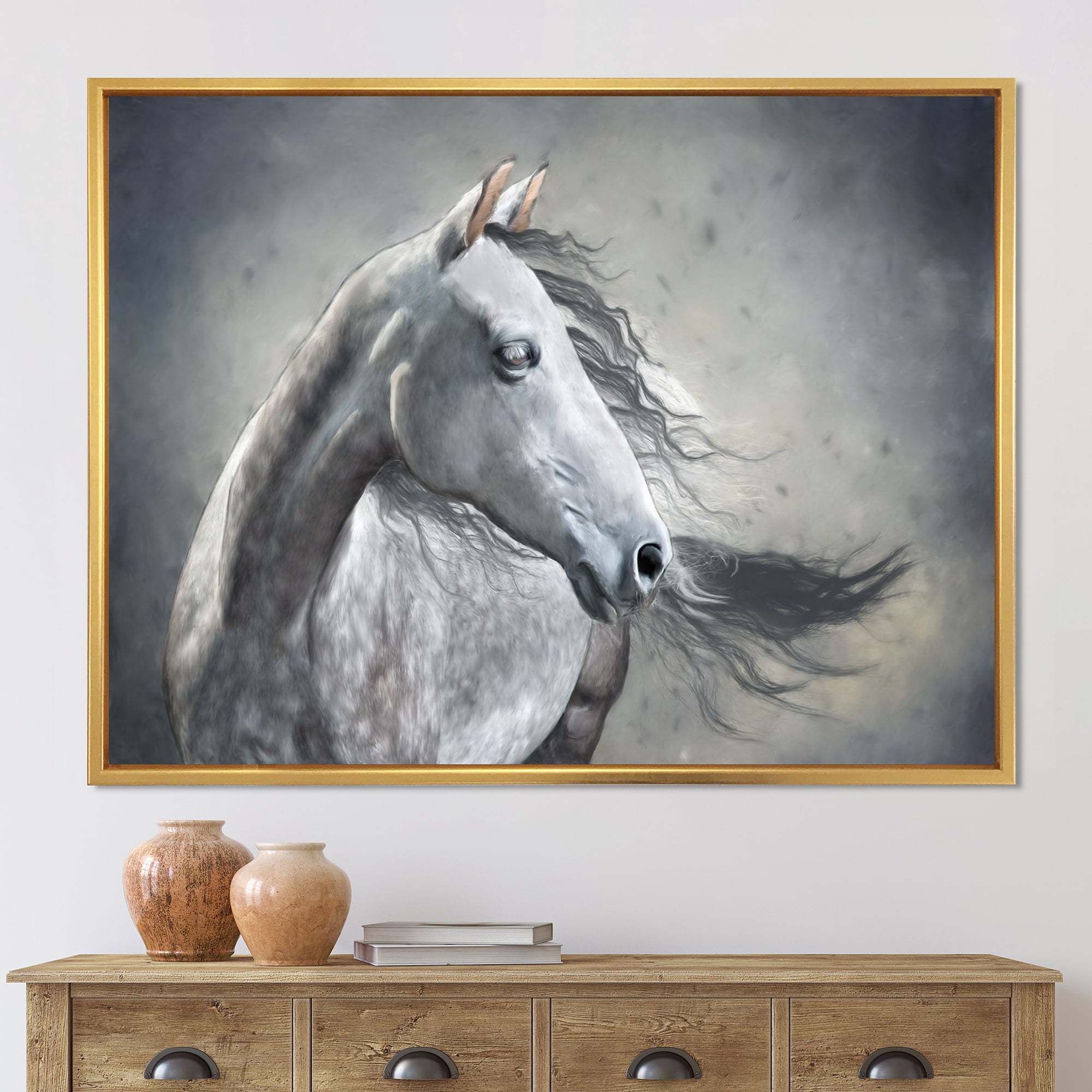 Designart 'Black and White Portrait Of A Wild Horse' Farmhouse Framed Canvas Wall Art Print