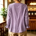 thumbnail image 6 of Womens Cotton Linen Shirts Long Sleeve Button Down Crewneck Ruffled Blouses Trendy Casual Loose Cute Comfy Tops, 6 of 7