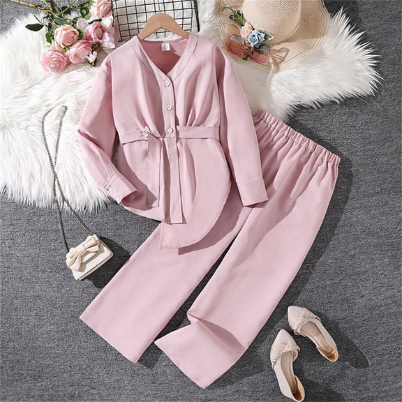 YMNXA Big Child Girls Outfit Long Sleeve Solid Color Blouse And Wide Leg Pants Comfortable Fashionable Two Piece Sets For School And Daily Wear Pink 7-8 Years