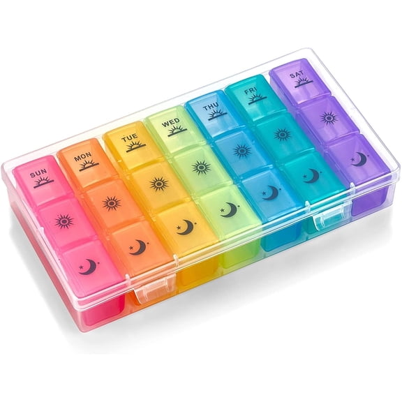 MEDca Weekly Multicolor Pill Organizer – 3 Times-a-Day Medicine Dispenser, Plastic Storage Container