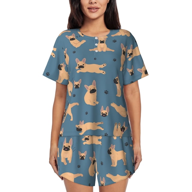 Balery French Bulldog Yoga Conjunto de Pijama para Mujer con Estampado, Dos Piezas de Manga Corta y Shorts, Ropa de Dormir Suave con Cuello Redondo y Bolsillos-Medium