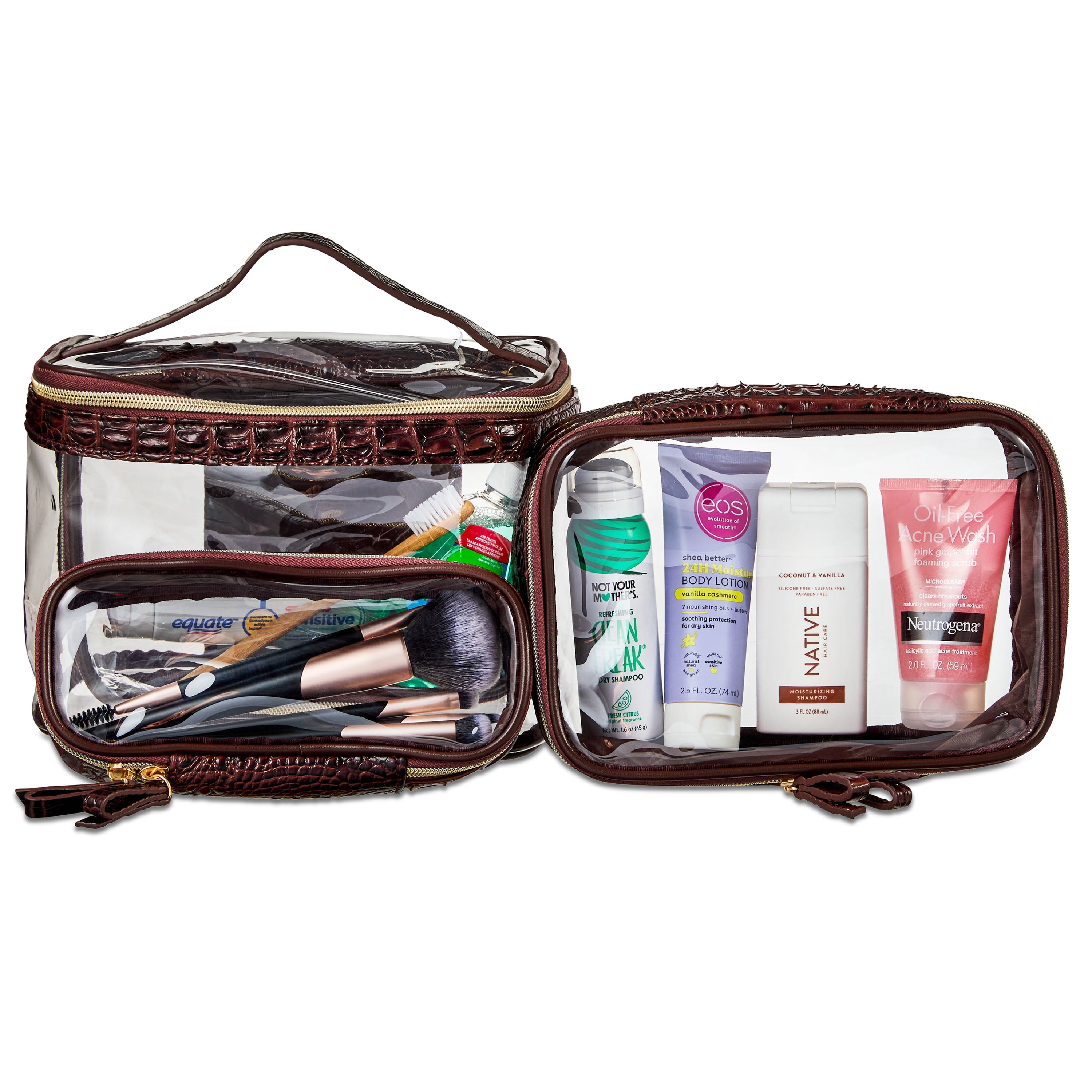 Cosmetic Bag Clear Train Case with Accessory Pouches and Two Tone Texture Trim, 4 Piece Set