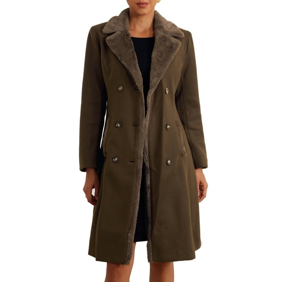 INSPIRE CHIC Faux Fur Lapel Coat for Women's Fashion Double-Breasted Winter Warm Coats M Dark Brown