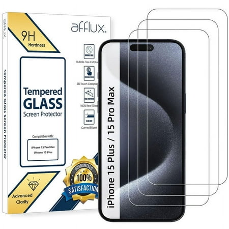 TTech 3-Pack iPhone 15 Plus Glass Screen Protector Cover, Real Tempered Glass, 100% Clear, Shatterproof, Rounder Edges, In Hard Retail Box [for iPhone 15 Plus]
