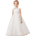 thumbnail image 5 of Floor length Flower Girl Dress Scoop Neck Tulle Lace Princess Pageant Dress Birthday Party Dress for Girls Elegant Floral Design Special OccasionWhite 12 -13 Years, 5 of 10