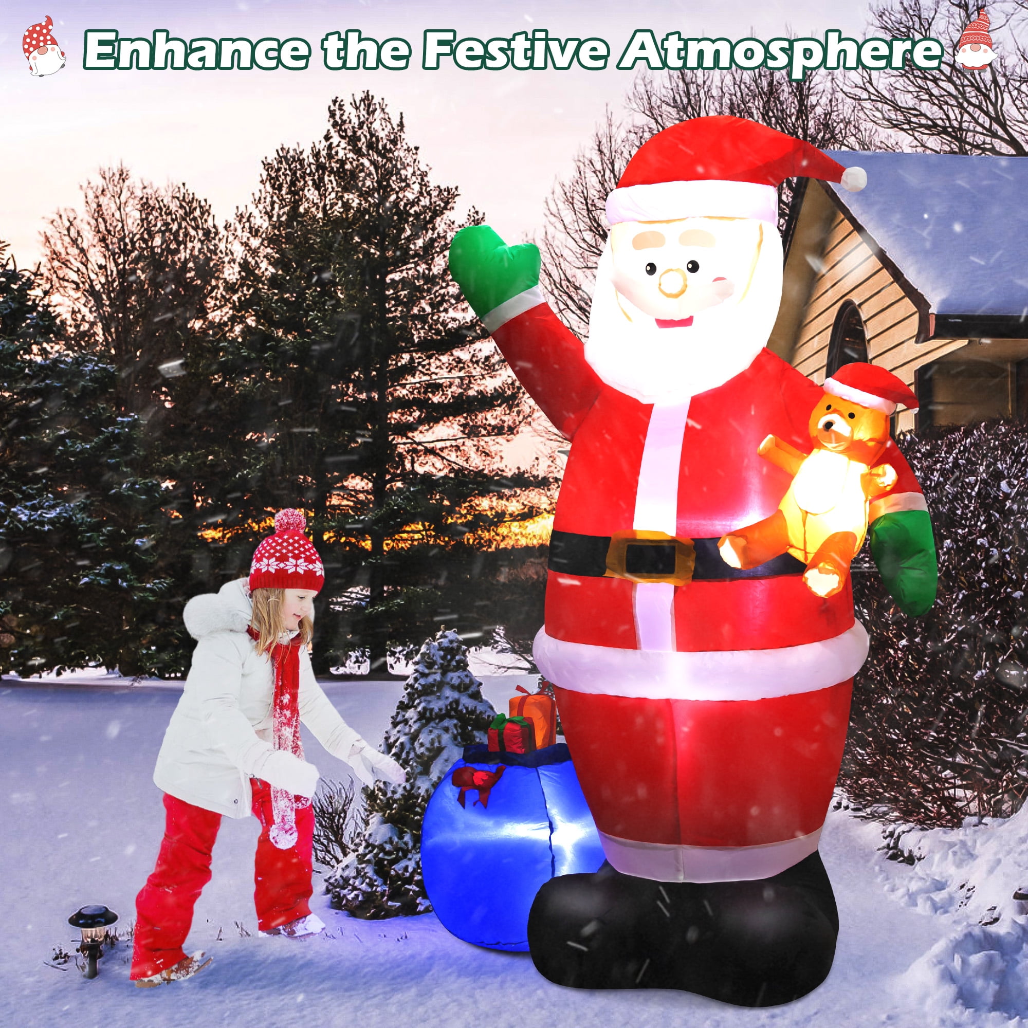 7ft Christmas Inflatable Santa Claus Outdoor Decor with Gift Bag and Bear Large Blow Up Santa with LED Lights for Yard,Garden,Lawn