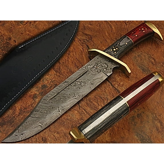 White Deer Damascus Steel Rattler Bowie Knife Frost Wood Handle